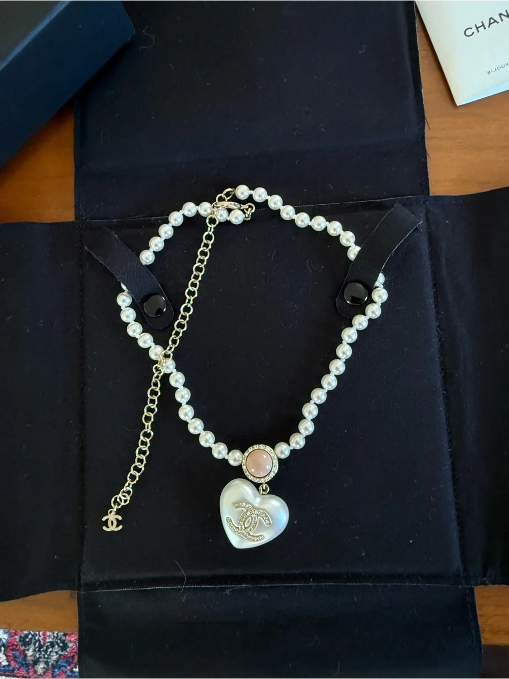 CHANEL Pearl Necklace with Gold Heart Pendant and Pink Accent - Picture 1 of 3
